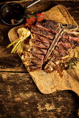 Top down view of sliced t-bone steak