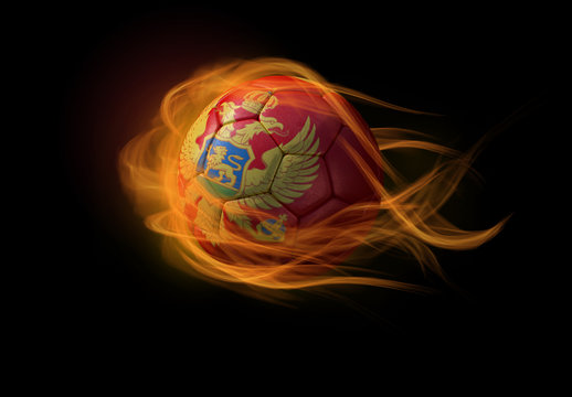 Soccer ball with the national flag of Montenegro, making a flame.