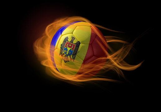 Soccer ball with the national flag of Moldova, making a flame.
