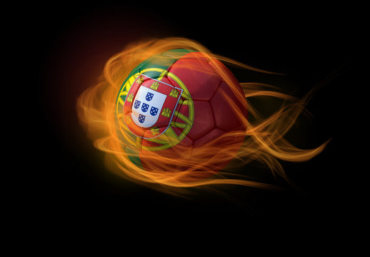 Soccer ball with the national flag of Portugal, making a flame.