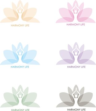 White female figure with raised arms against a green, pink, purple, red, black Lotus, inscription the Harmony life. Logo for fitness club, yoga studia, design element, vector