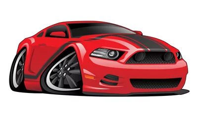 Fotobehang Hot modern American muscle car cartoon isolated vector illustration, red with black stripes, aggressive stance, low profile, big tires and rims © hobrath