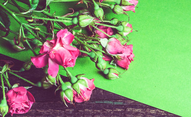 bouquet of pink roses on a green sheet of paper