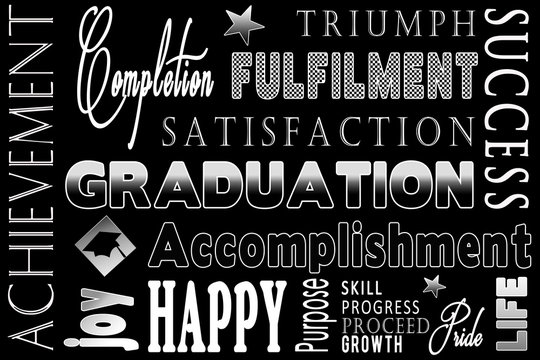 Typography Illustration for Graduation  for either high school or college.  Text throughout image describing words connected to graudation.