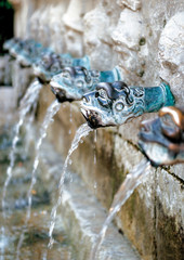 Fountain detail; decorative heads spitting water in an old stone fountain