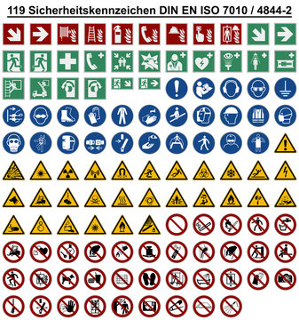 Set - DIN EN ISO 7010 Sicherheitszeichen Warnzeichen Verbotszeichen Gebotszeichen Rettungszeichen Brandschutzzeichen 