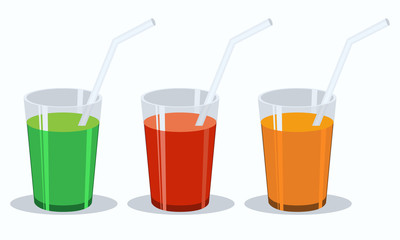 Vector set of fresh vegetable juices. Green, red, orange flat.