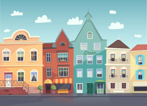 Sunny City street. Doors and windows boutiques, shops, background. Vector.