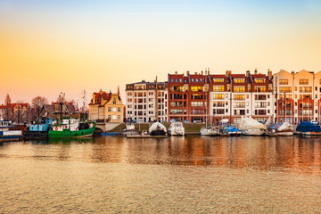 Fototapeta premium Marina at Motlawa river at sunrise in Gdansk, Poland.