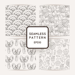 Set of Vector Candy, Bows, Hearts and Muffins Seamless Patterns
