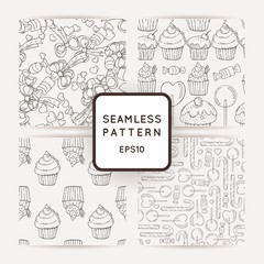 Set of Vector Candy, Bows and Muffins Seamless Patterns