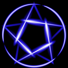 Blue neon pentagram, black background