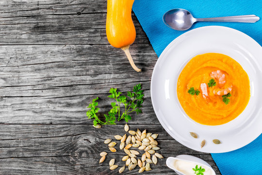 Thai-style Red Curry Pumpkin Soup With Prawns, View From Above