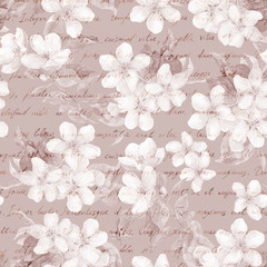 Vintage cherry, apple flowers with hand written letter text in retro sepia color. Seamless pattern