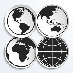 Earth Globe Icons on White Plates.