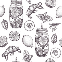 Seamless pattern with Sassy water ink hand drawn illustration. Healthy drink recipe in pastel colors. Vintage vector sassy water background