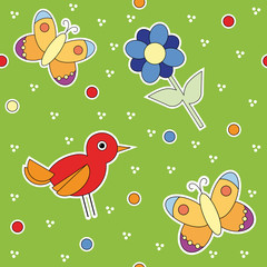 Tiling texture with colorful butterfly, bird and flower