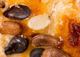 sesame seeds on bread. macro