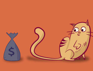 funny cat looking at a bag of money vector illustration