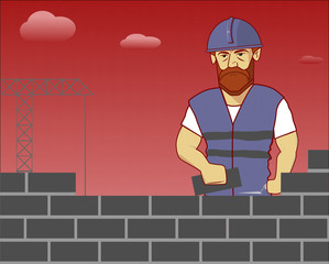builder lays bricks, character brutal man at work, on the background a construction crane and clouds vector illustration