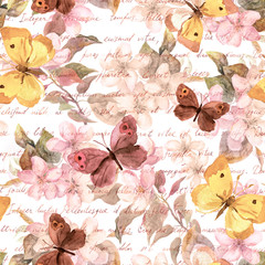 Flowers, butterflies and hand written text letter, retro color. Watercolor