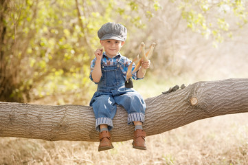 Boy with slingshot sitting on a tree branch