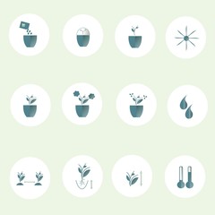 Flat round icons farming cultivation of seeds and plants. The pastel blue marks on whit, light grey background, flat style, vector