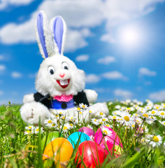Easter eggs with Easter bunny lying in grass with blue sky