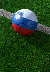 Soccer ball and national flag of Slovenia,  green grass
