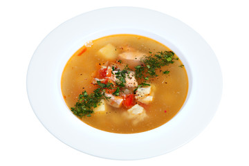 Plate fish soup, dish Russian cuisine, isolated on white backgro