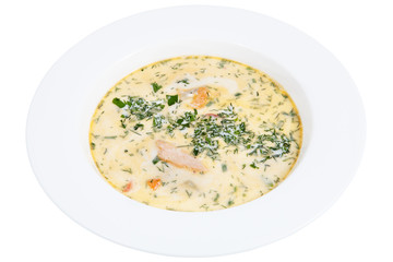 Finnish restaurant serving fish soup in a deep white plate, isolated on white background.