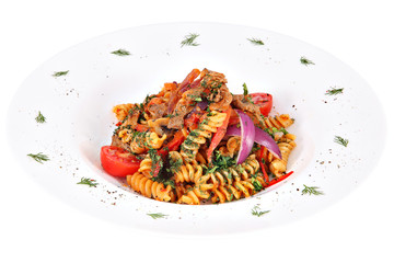 Pasta fusilli with pork, tomatoes, paprika, onions and greens.