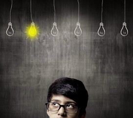 Thinking Half Head Of Genius Little Boy Wearing Glasses