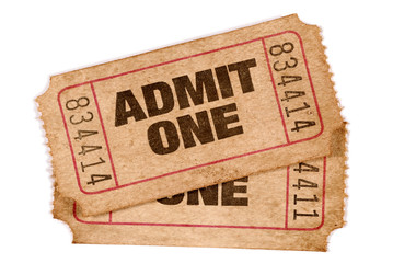 Two old torn faded and stained admit one movie or theater cinema ticket stub isolated on white background photo - obrazy, fototapety, plakaty