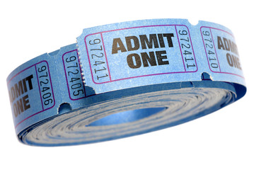 Naklejka premium Roll of blue admit one movie concert or theater ticket isolated on white background photo