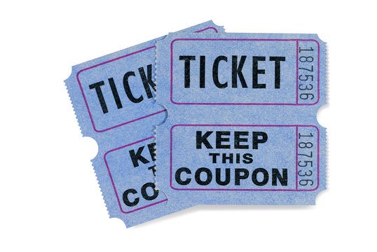 Blue raffle movie or cinema ticket with coupon attached isolated on white background photo