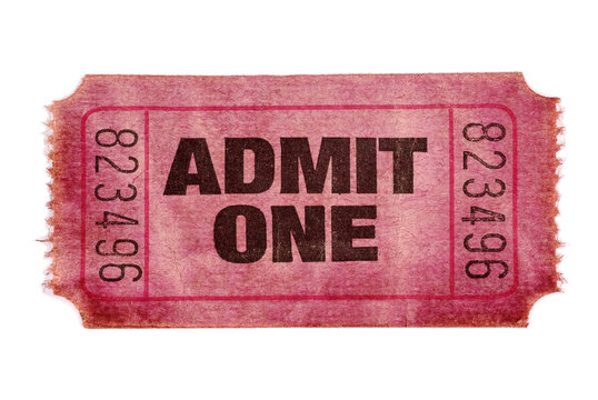 Old stained torn faded and damaged vintage retro red admit one movie cinema or theater ticket stub isolated on white background photo