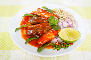 Spicy Sardines in tomato sauce canned fish.