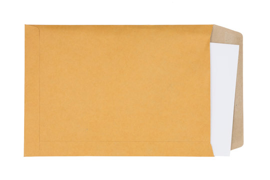 Hands holding envelope with document  isolated on white backgroud