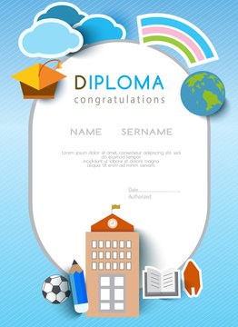 Kids diploma preschool certificate elementary school design template background. vector illustration