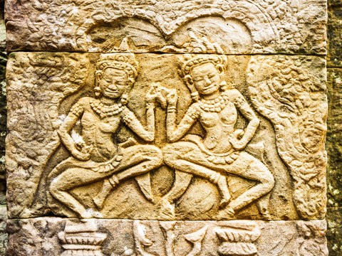Ancient stone carving at Bayon Temple in Siem Reap, Cambodia
