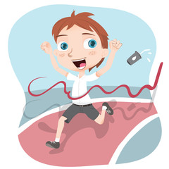 schoolboy crossing finish line.