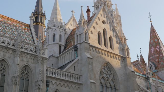 Matthias Church tower on Buda side of Budapest 4K 2160p UltraHD footage - Matyas-templom in Budapest Hungary on Budas Castle District 4K 3840X2160 UHD video 