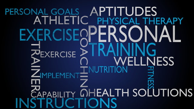 Personal training & instructions word cloud - blue variant, loop able, 4k UHD