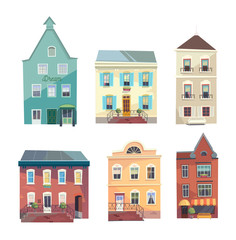 Naklejka premium Set of city buildings, shops and groceries in a cartoon style. Community. Can be used for the game background environment. Vector illustration.