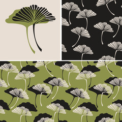 Fototapeta na wymiar a set of japanese style ginkgo biloba leaves seamless tiles, and their isolated pattern in a vintage black and green color palette