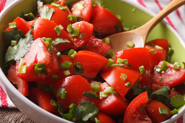 Fresh tomato salad with cilantro and onions close-up. horizontal
