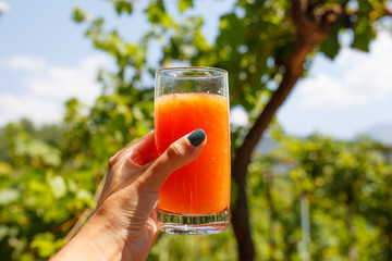 Woman holding glass of a fresh citrus orange and grapefruit juice in her hand hand