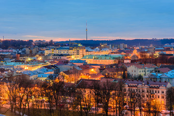 Fototapeta na wymiar Night view from Tower Of Gediminas, beautiful cityscape of Vilnius, Lithuania.