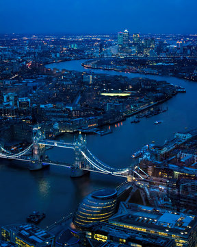 London At Night. River Thames, Tower Bridge, Canary Wharf